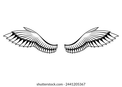 Wings sketch. Stylized birds wings. Hand drawn contoured stiker wing in open position. Vector design elements in coloring style