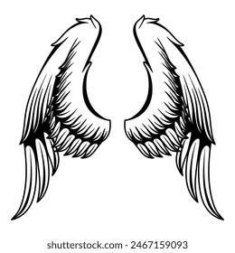 Bosquejo de alas. Alas de pájaros estilizadas. Ala de la pegatina conformada dibujada a mano en posición abierta. Elementos de diseño de Vector para colorear