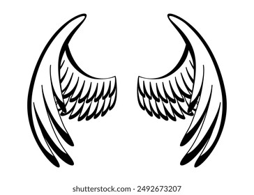 Wings sketch. Stylized birds wings. Hand drawn contoured stiker wing in open position. Vector design elements in coloring style