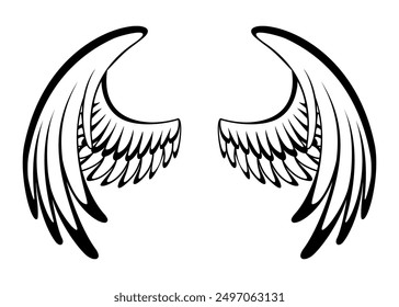 Wings sketch. Stylized birds wings. Hand drawn contoured stiker wing in open position. Vector design elements in coloring style