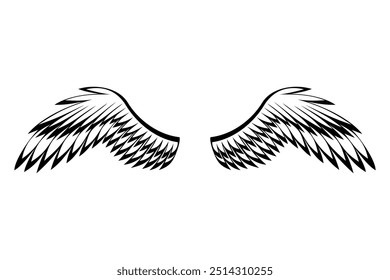 Wings sketch. Stylized birds wings. Hand drawn contoured stiker wing in open position. Vector design elements in coloring style