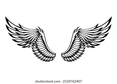 Wings sketch. Stylized birds wings. Hand drawn contoured stiker wing in open position. Vector design elements in coloring style