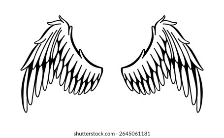 Wings sketch. Stylized birds wings. Hand drawn contoured stiker wing in open position. Vector design elements in coloring style