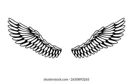 Wings sketch. Stylized birds wings. Hand drawn contoured stiker wing in open position. Vector design elements in coloring style