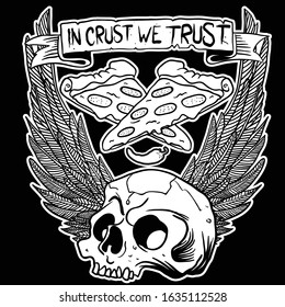 wings with skull, pizza, pepper and ribbon cartoon illustration doodle isolated on white