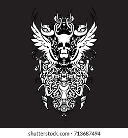 wings skull vintage pattern design for t-shirt vector