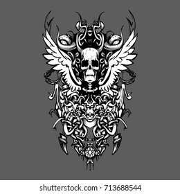 wings skull vintage pattern design for t-shirt vector