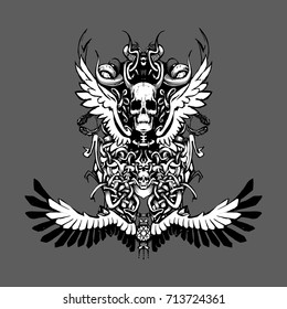 wings skull vintage pattern design for t-shirt vector