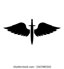 Wings and sword symbol cadets Winged blade weapon medieval age Warrior insignia Blazon bravary concept icon black color vector illustration flat style image icon black color