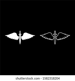 Wings and sword symbol cadets Winged blade weapon medieval age Warrior insignia Blazon bravery concept icon outline set white color vector illustration flat style image