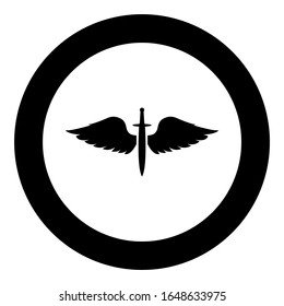 Flügel und Schwert-Symbolkadetten Flügeldraht Waffe Mittelalterliche Krieger-Insigna Blazon Bravery-Symbol in kreisrunden Schwarzweiß-Vektorillustration Illustration im flachen Stil Bild