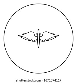 Flügel und Schwert-Symbolkadetten Flügeldraht Flügeldraht-Waffe mittelalterliche Kriegerinsigna Blazon-Bravery-Symbol in kreisrunden Umrisskurven Schwarzweißgrafik Vektorillustration flaches Bild