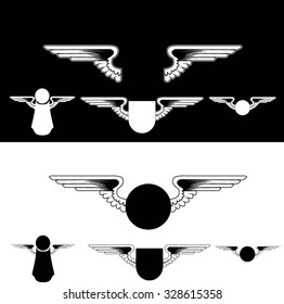 wings symbol  set in vintage engraved style isolated  on white and on black