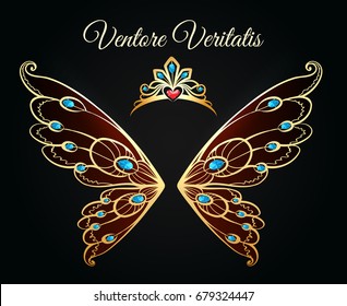 Wings and tiara princess jewelry gold logo. Luxury jewellery diamond fashion vector emblem