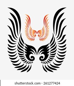 Wings tribal ornament decoration 2. Black and color wings elements, good use for tattoo design, illustration element, T-Shirt design, or any design you want. Easy to use, edit, or change color. 