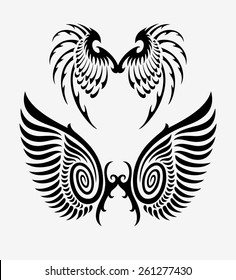 Wings tribal ornament decoration 3. Black wings elements, good use for tattoo design, illustration element, T-Shirt design, or any design you want. Easy to use, edit, or change color.