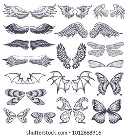 Wings vector flying winged angel with wing-case of bird and butterfly with wingspan illustration black wing-beat tattoo silhouette set isolated on white background