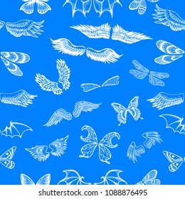 Wings vector flying winged angel with wing-case of bird and butterfly with wingspan illustration black wing-beat tattoo silhouette set seamless pattern background