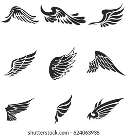 Wings vector icons set. Wing set, icon wing, feather wing bird illustration stock vector.