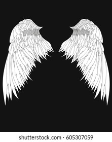 Wings. Vector illustration on black background. Black and white style