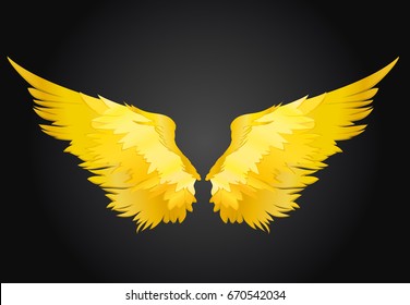 Wings. Vector illustration on black background. Golden metal