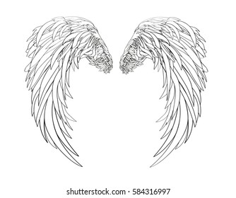 Wings. Vector illustration on white background. Black and white style