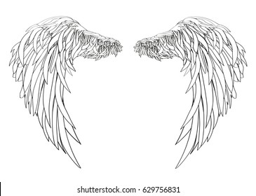 Wings. Vector illustration on white background. Black and white style