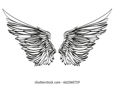 Wings. Vector illustration on white background. Black and white style. 