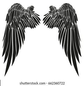 Wings. Vector illustration on white background. Black and white style. 