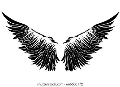 Wings. Vector illustration on white background. Black and white style.