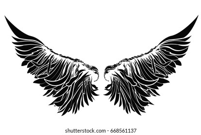 Wings. Vector illustration on white background. Black and white style.
