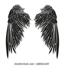 Wings. Vector illustration on white background. Black and white style.