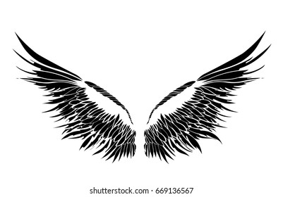 Wings. Vector illustration on white background. Black and white style. 