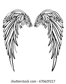 Wings. Vector illustration on white background. Black and white style.