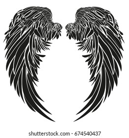 Wings. Vector illustration on white background. Black and white style.