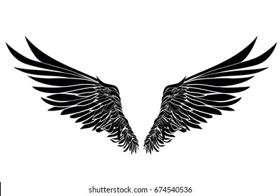 Wings. Vector illustration on white background. Black and white style