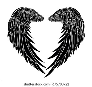 Wings. Vector illustration on white background. Black and white style