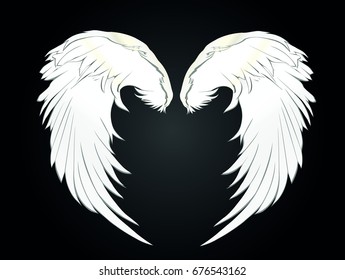 Wings. Vector illustration on white background. Black and white style. Linocut