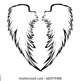 Wings. Vector illustration on white background. Black and white style. Linocut. 