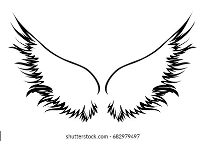 Wings. Vector illustration on white background. Black and white style. Linocut. 