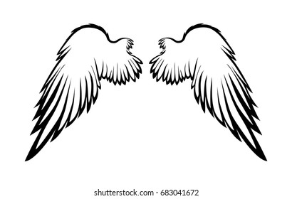 Wings. Vector illustration on white background. Black and white style. Linocut. 