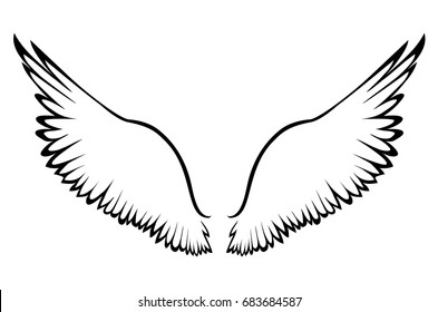 Wings. Vector illustration on white background. Black and white style. Linocut.