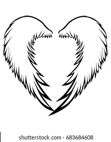 Wings. Vector illustration on white background. Black and white style. Linocut. 