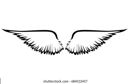 Wings. Vector illustration on white background. Black and white style. Linocut. 