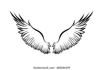 Wings. Vector illustration on white background. Black and white style. Linocut