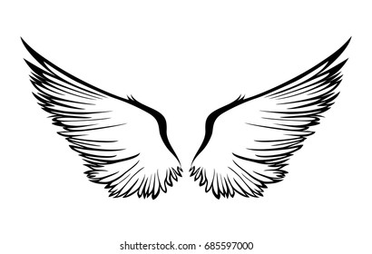 Wings. Vector illustration on white background. Black and white style. Linocut.