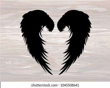 Wings. Vector illustration on wooden background. Black and white style.