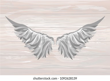 Wings. Vector illustration on wooden background. Black and white style.