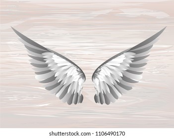 Wings. Vector illustration on wooden background. Black and white style.
