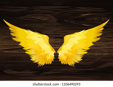 Wings. Vector illustration on wooden background. Golden color.